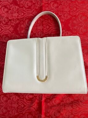 Vintage Box Veritable Cream Top Handle Satchel 1960s Style Gold Accent